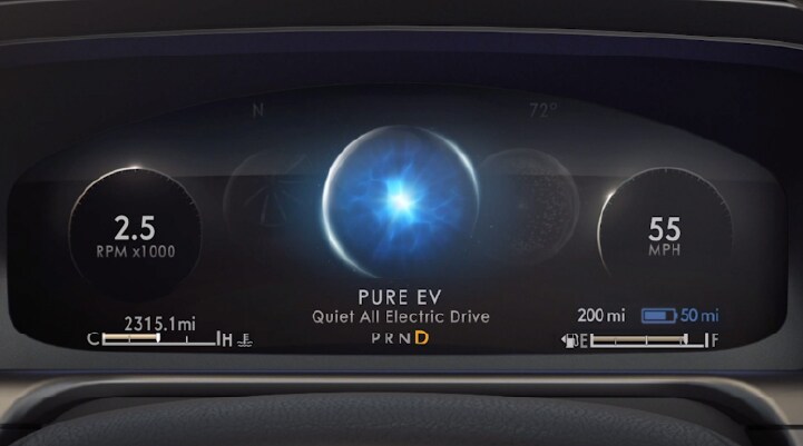 The pure EV drive mode is shown as having been selected in the dash of a 2021 Lincoln Aviator