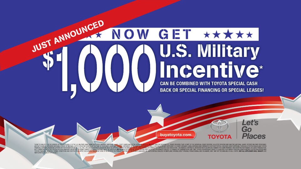 Bill Kidd's Toyota Toyota Dealer near baltimore Military Rebate incentive $1,000 toward a new Toyota