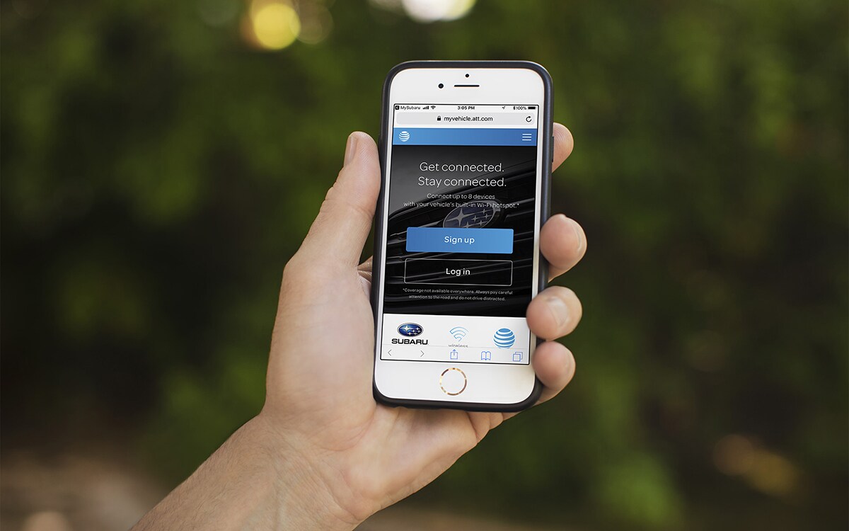 A close-up of a smartphone connecting to the built-in Wi-Fi hotspot available in the 2020 Forester.
