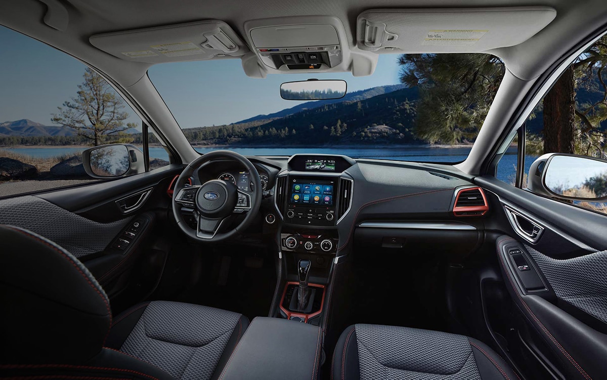 The view of the dashboard and cabin of the 2021 Subaru Forester Sport.