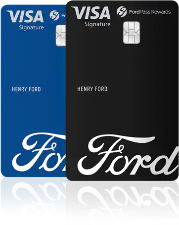 Two visa credit cards Ford Pass Rewards edition. Blue card on the left and a black card over it. #2