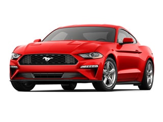  2020 Ford Mustang Coupe - Front View in Red Color on Showroom Floor