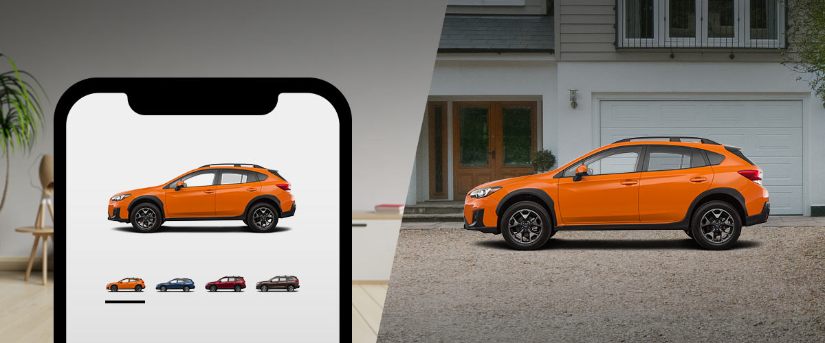 Just Drive Subscription App on Phone and Orange Crosstrek parked in driveway