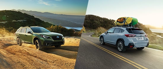 Outback driving in mountains and Crosstrek with kayaks