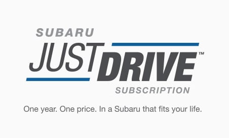 Just Drive Subscription logo and Blue Subaru Crosstrek