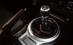 A close-up of the 6-speed manual transmission shifter in the 2020 BRZ. 