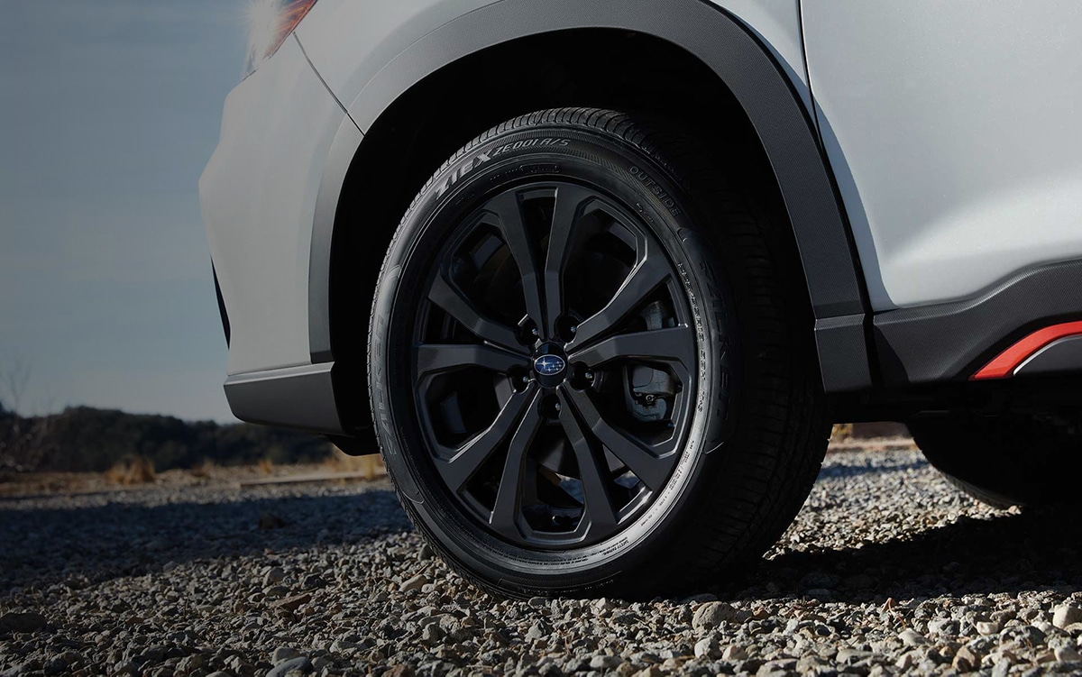 A close-up of the standard 18-inch alloy wheels on the 2021 Subaru Forester Sport.