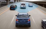 A photo showing the 2020 WRX with blue shading to represent the Subaru EyeSight® sensors watching the road ahead.