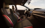 A close-up of the Recaro® performance-design front seats available in the 2020 WRX Performance Package.