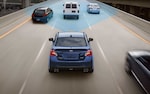 A photo showing the 2021 WRX with blue shading to represent the Subaru EyeSight® sensors watching the road ahead.