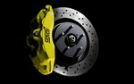 A close-up of the Brembo performance brakes on the 2021 WRX STI.